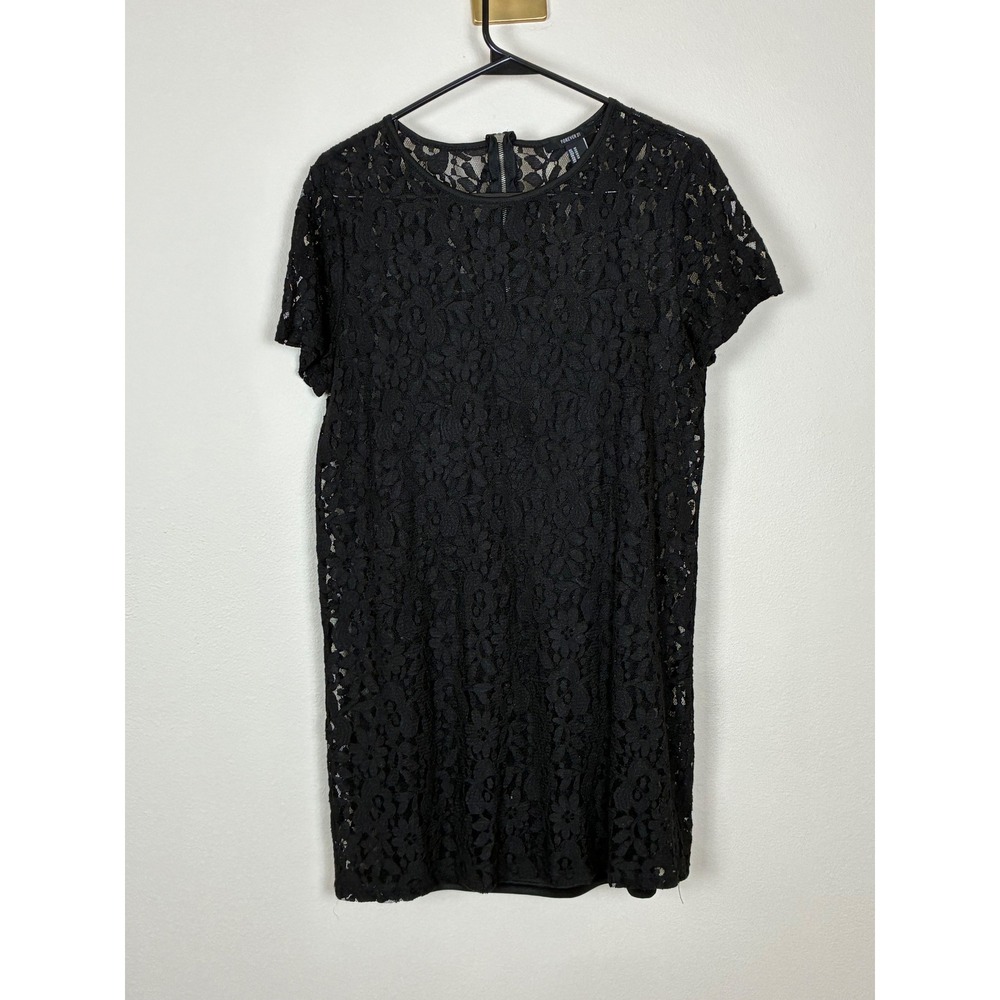 Forever 21 Womens‎ Black Floral Lace Short Sleeve Shift Mini Dress Size M